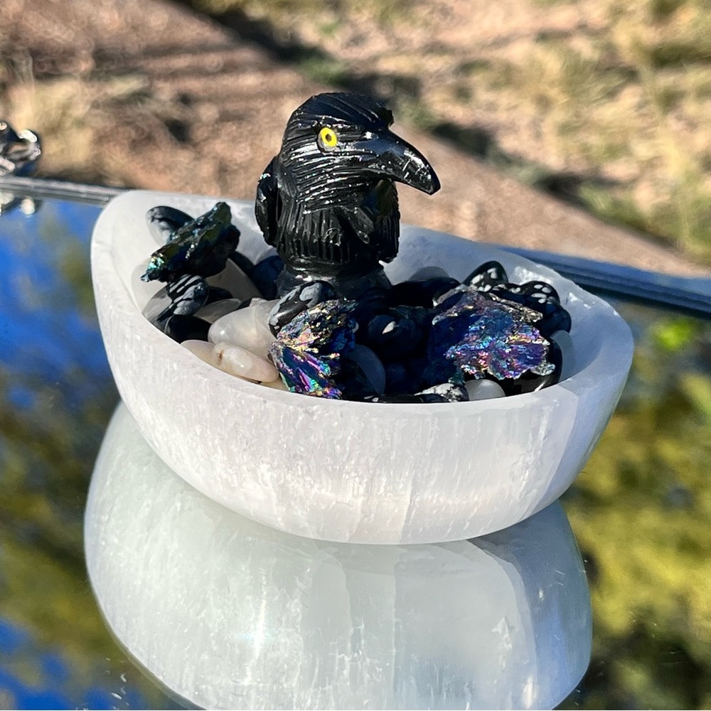 Black Obsidian Raven / Crow, Selenite Teardrop Bowl, Snowflake Obsidian Kyanite - Picture 3 of 15